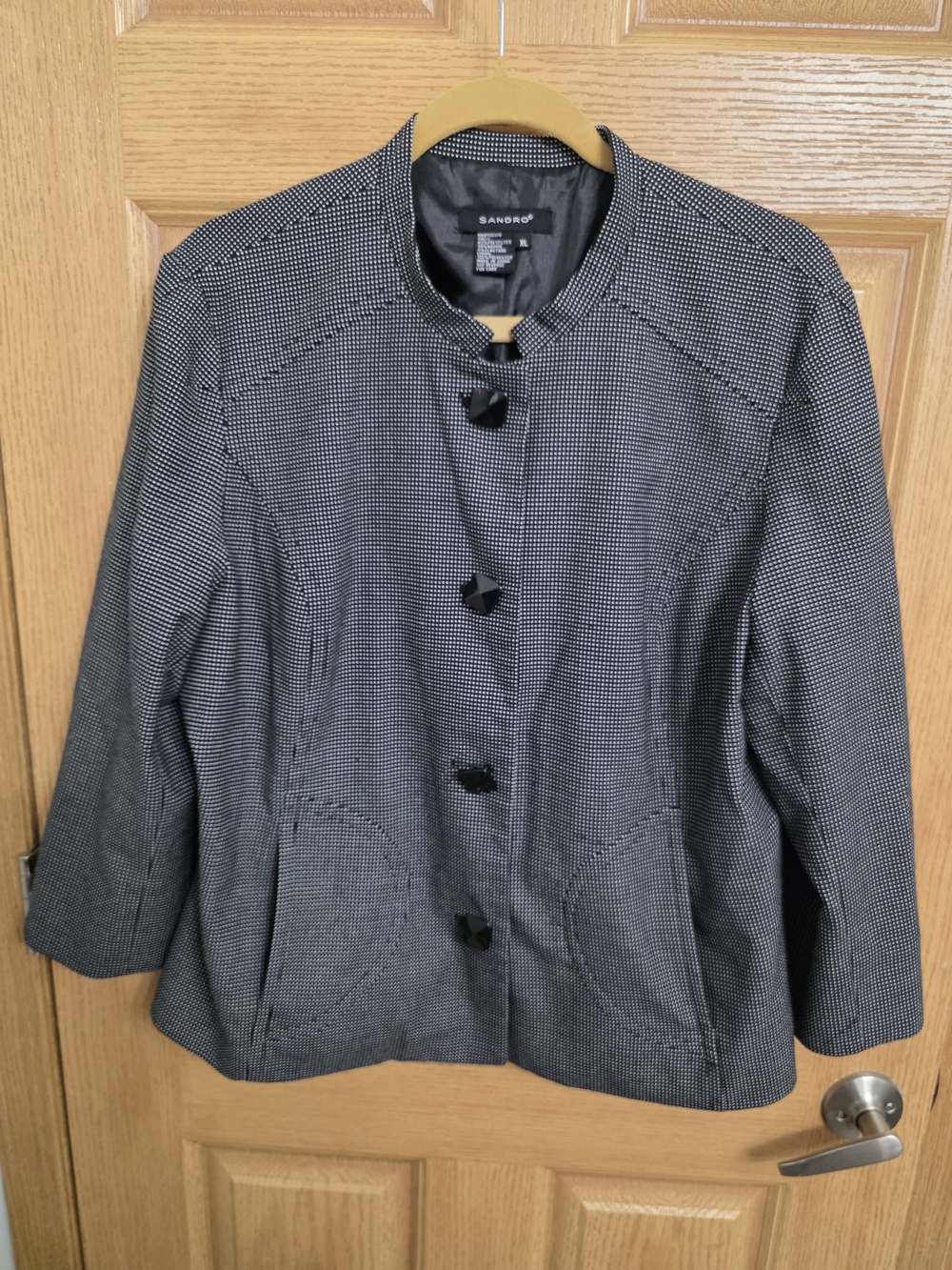 Sandro Black & White Houndstooth Collarless Jacket